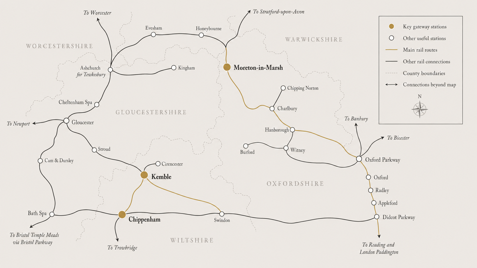 Map showing useful railway stations and public transport gateways in the Cotswolds