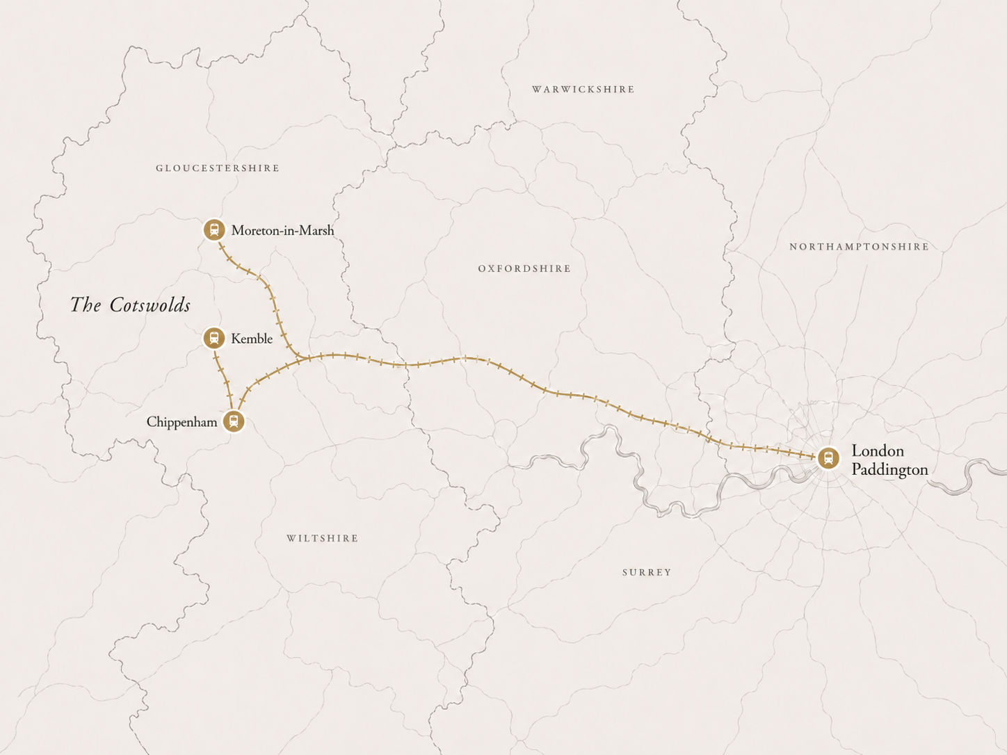 Map showing London and the Cotswolds with Moreton-in-Marsh, Kemble and Chippenham marked