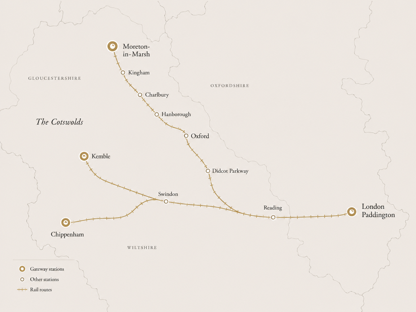 Map showing rail routes from London Paddington towards Cotswold gateway stations