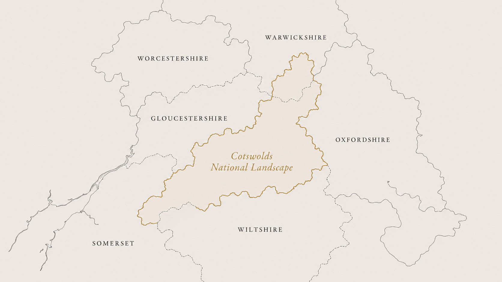Map of the Cotswolds National Landscape boundary across six English counties