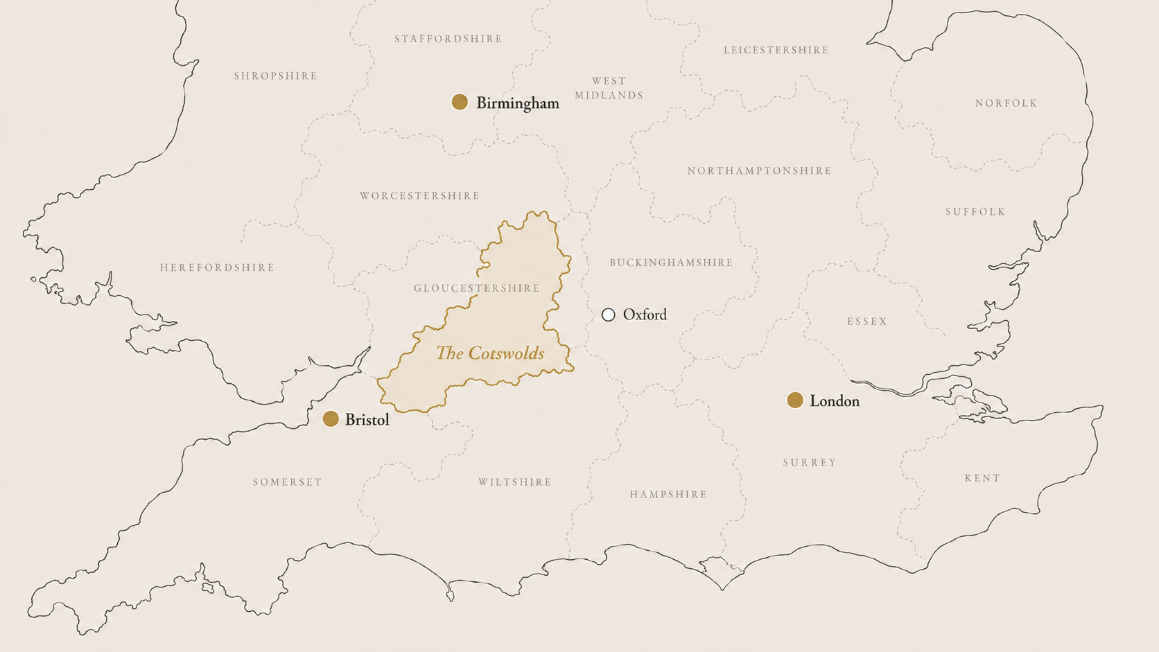 Map showing the Cotswolds in England, west of Oxford and north-east of Bristol